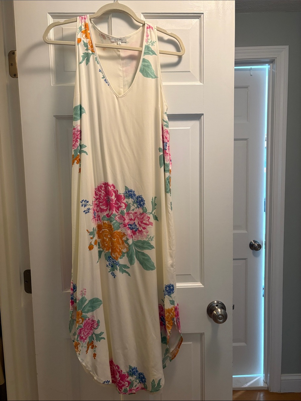Z Supply Cream Floral Midi Dress with Pink & Orange Blooms